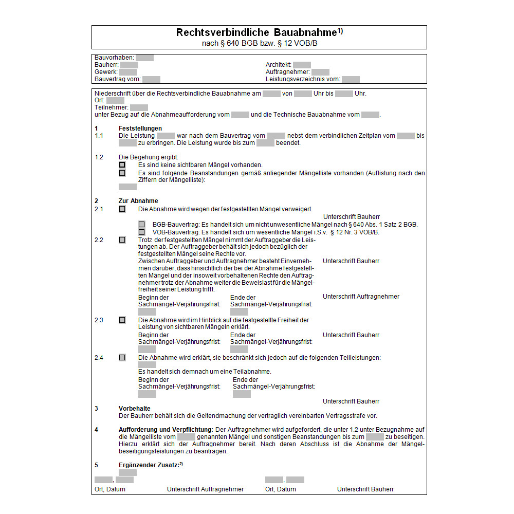 Abnahmeprotokoll Handwerk
 Rechtsverbindliche Bauabnahme nach § 640 BGB bzw § 12 VOB B