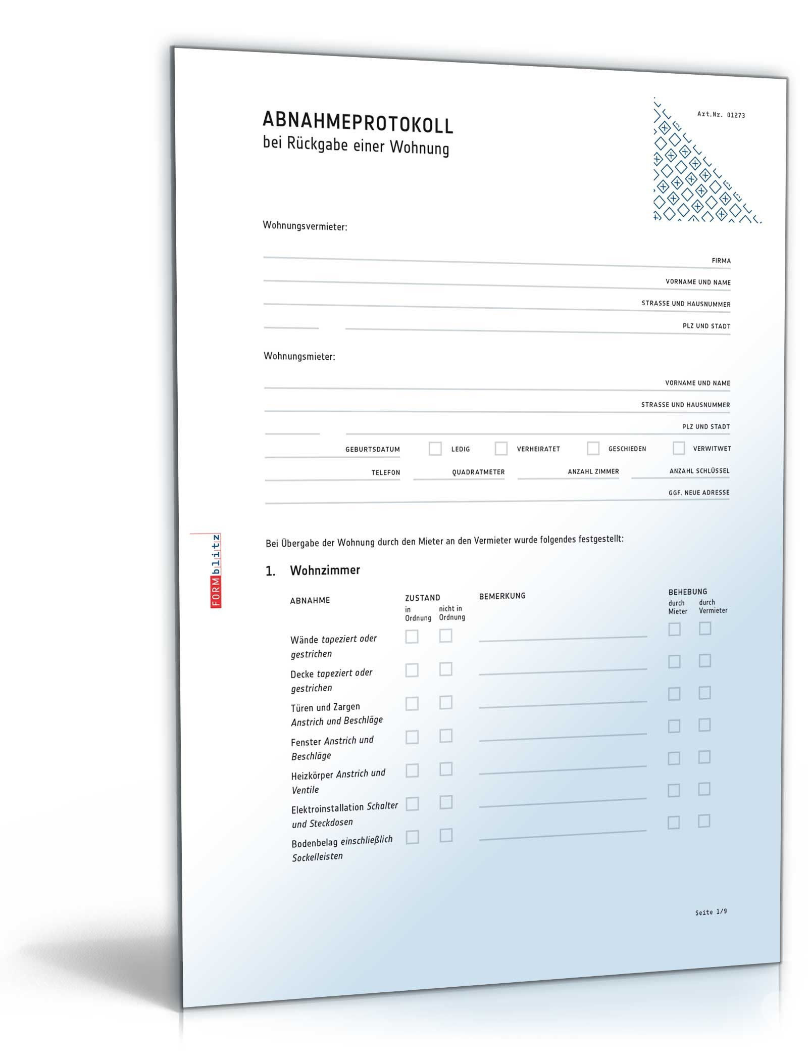 Abnahmeprotokoll Handwerk
 Abnahmeprotokoll Wohnung bei Auszug Muster zum Download