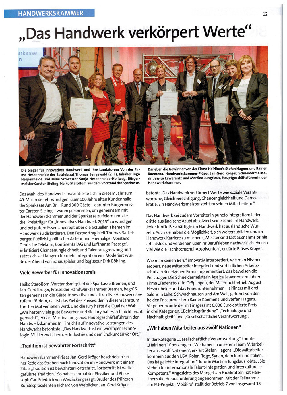 Das Handwerk Bremen
 Die Presse 2015 • HAIRLINER S GmbH Top Friseur Bremen