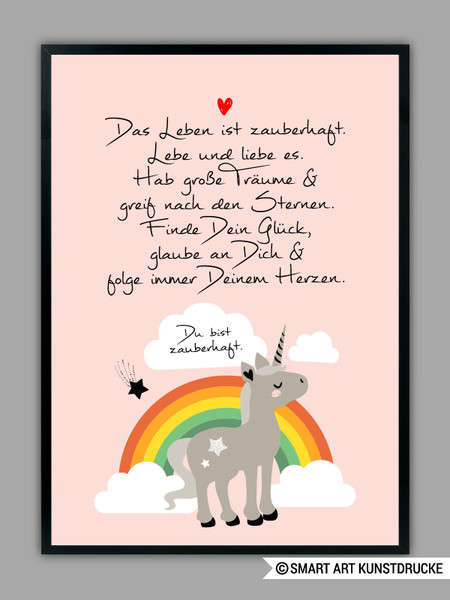 Einhorn Geburtstagssprüche
 "REGENBOGEN EINHORN" in rosa Kunstdruck