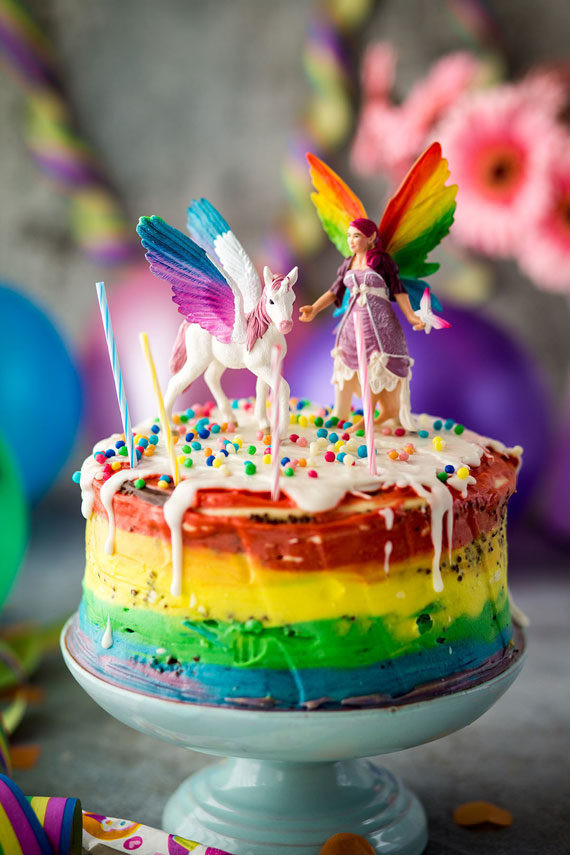 Einhorn Geburtstagstorte
 Einhorn Torte Anleitung für bunte Regenbogentorte mit