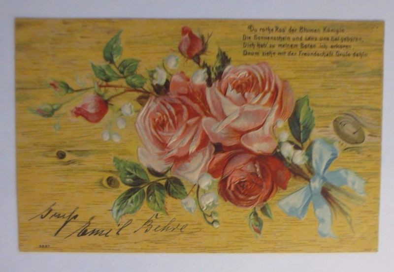 Geburtstag Blumen Spruch
 "Geburtstag Blumen Rosen Spruch" 1900 Prägekarte