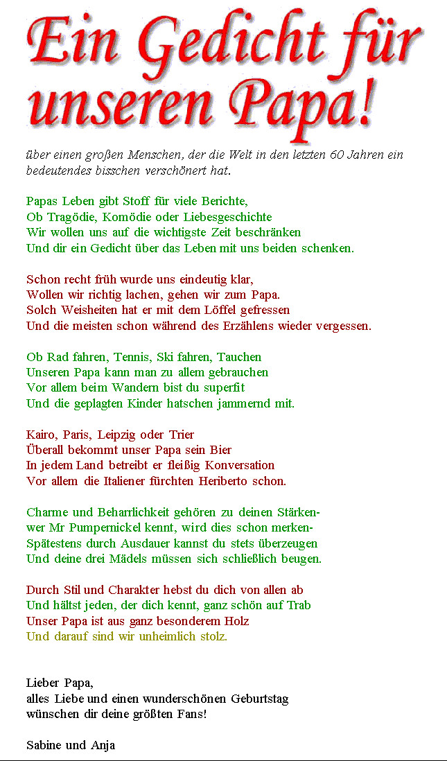 Geburtstagssprüche Papa Von Tochter
 Ein Gedicht für unseren Papa zum Geburtstag