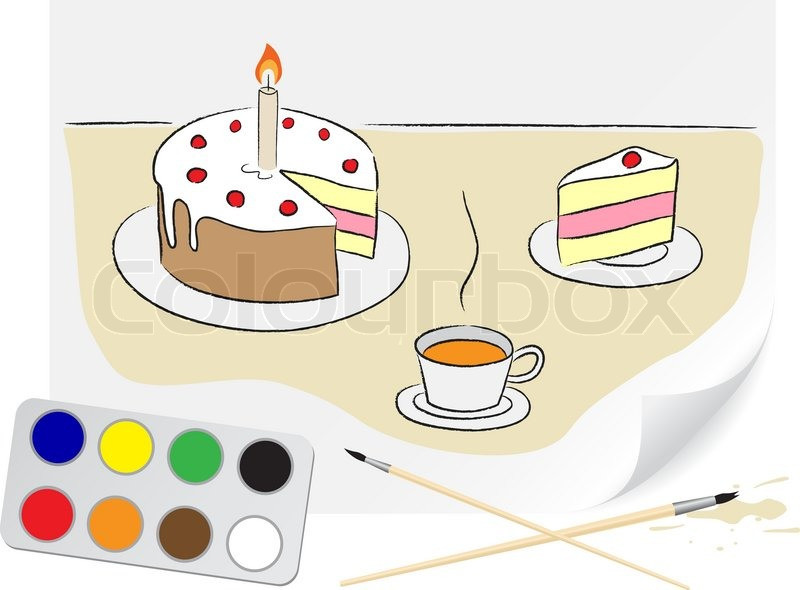 Geburtstagstorte Zeichnung
 Kinder Zeichnung einer Geburtstagstorte einem Pinsel malt