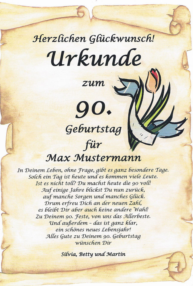 Geburtstagswünsche 90 Jahre
 URKUNDE ZUM 90 92 95 100 GEBURTSTAG AUSGEFALLENES