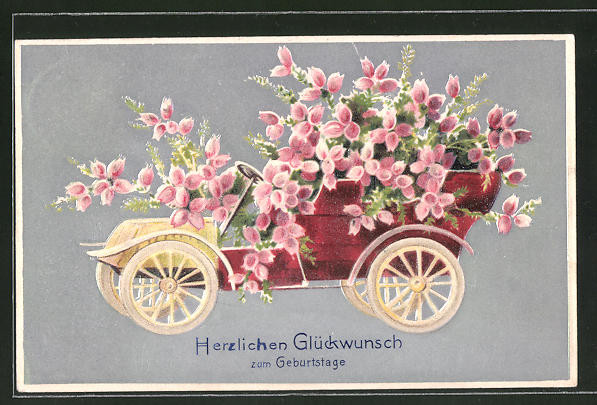 Geburtstagswünsche Blumen
 Präge AK Auto voller rosa Blumen Geburtstagswünsche Nr