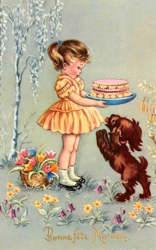 Geburtstagswünsche Vintage
 Carte ancienne Fête des mamans fillette gâteau et petit