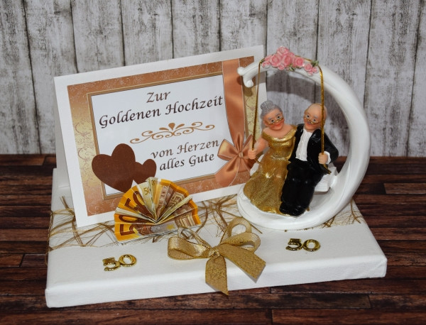 Geldgeschenke Zur Goldenen Hochzeit
 Geld Geschenk zur goldenen Hochzeit mit Goldpaar auf Schaukel