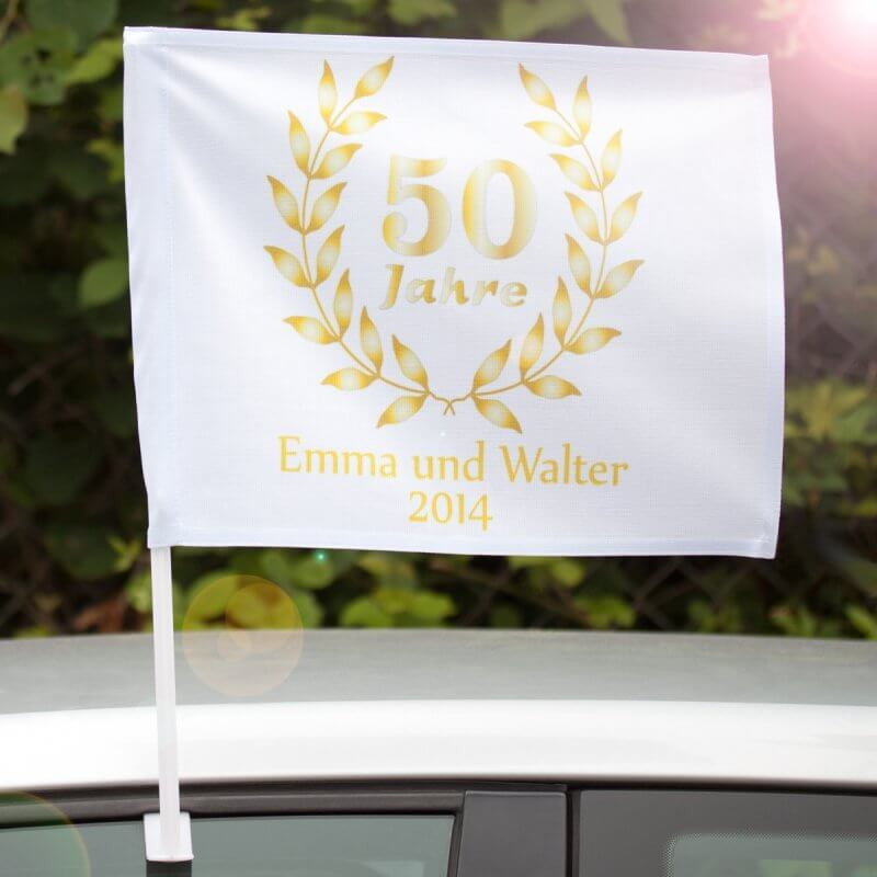 Geschenkideen Zur Goldenen Hochzeit
 Autofahne "50 Jahre Goldene Hochzeit"