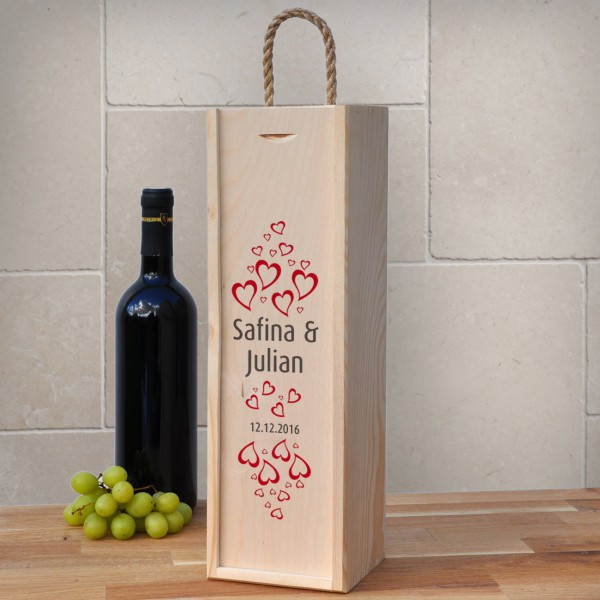 Geschenkverpackung Hochzeit
 Wein Geschenkverpackung aus Holz zur Hochzeit mit Herzen