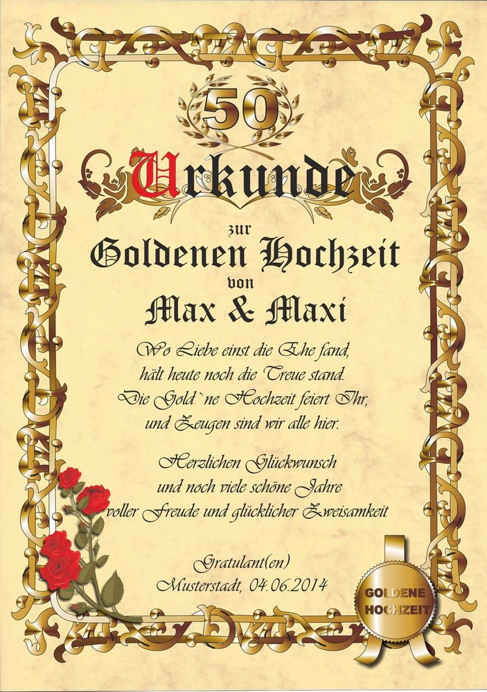 Goldene Hochzeit Glückwunsch
 Urkunde Goldene Hochzeit Karte Jubiläum Gratulation C672
