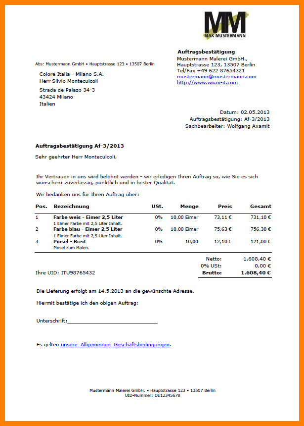 Haftungsausschluss Muster Handwerk
 9 auftragsbestätigung muster handwerk