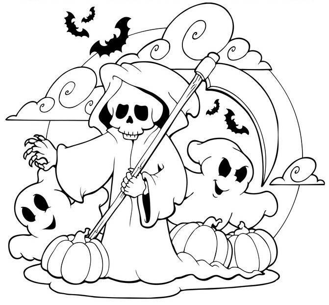 Halloween Ausmalbilder Geister
 Kostenlose Malvorlage Halloween Sensenmann und Gespenster