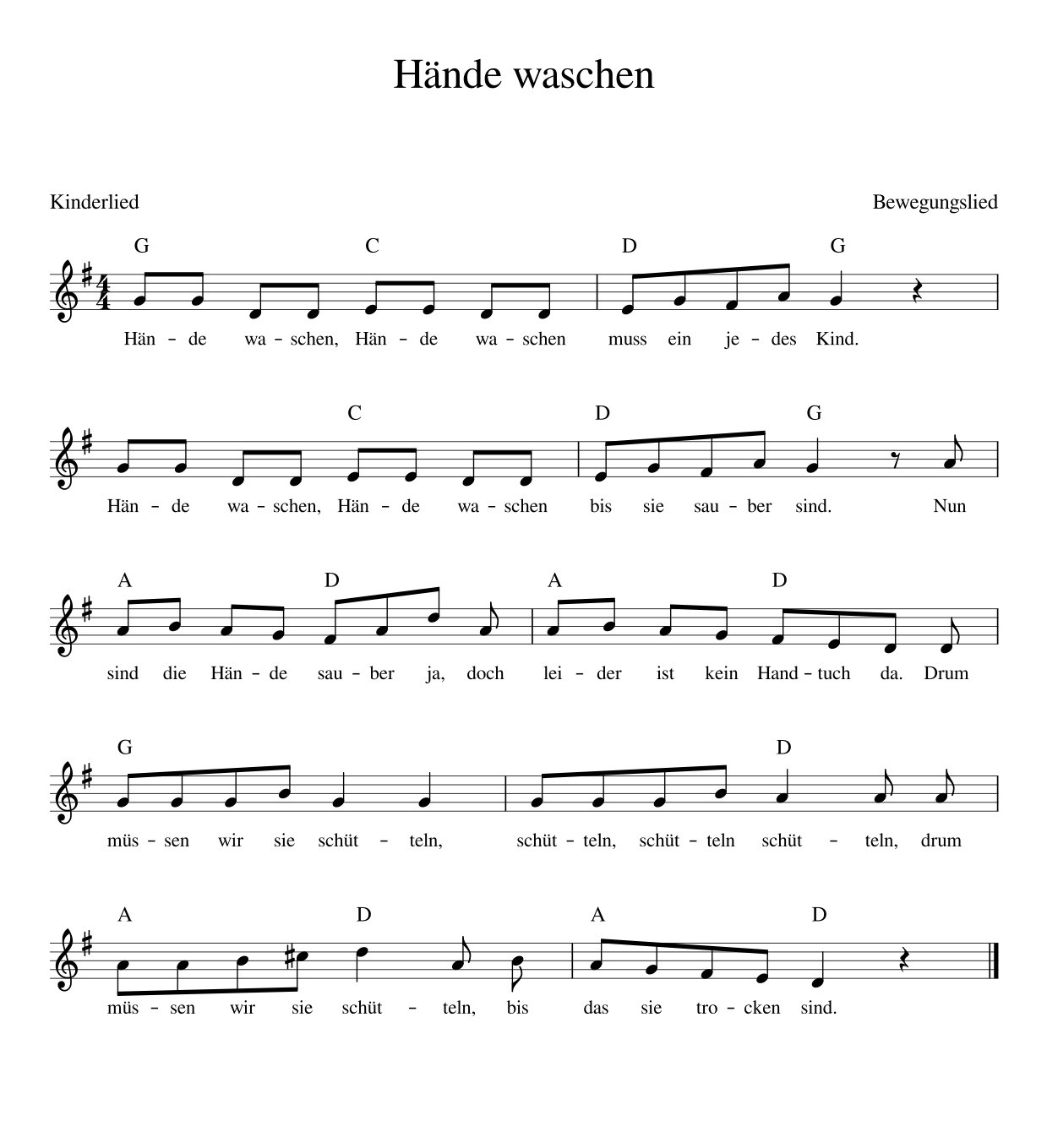 Ich Lass Für Dich Das Licht An Chords
 Hände waschen Kinderlieder Noten Text Kinderlieder