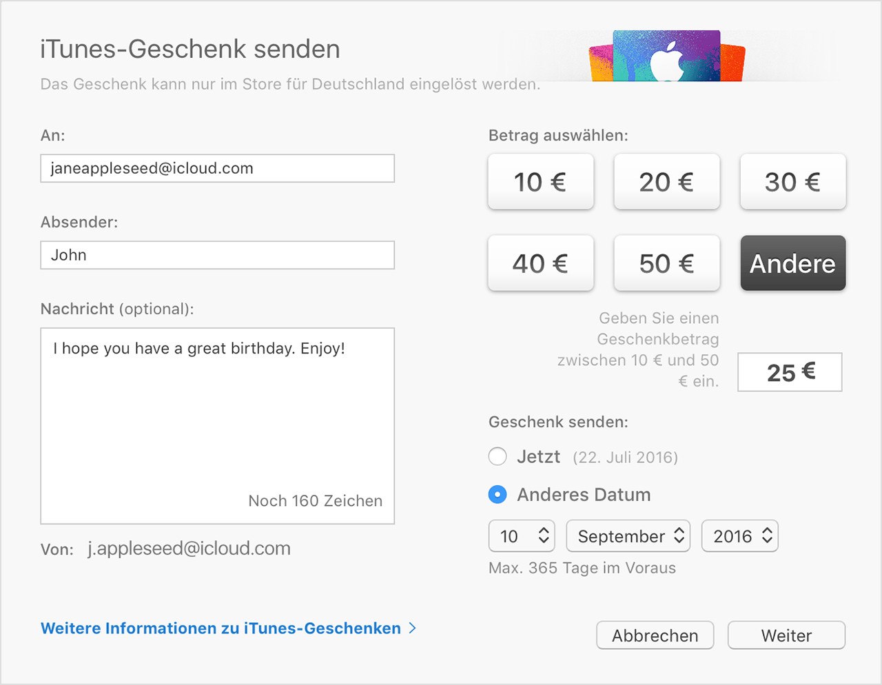 Itunes Geschenke
 iTunes Geschenke per E Mail senden Apple Support