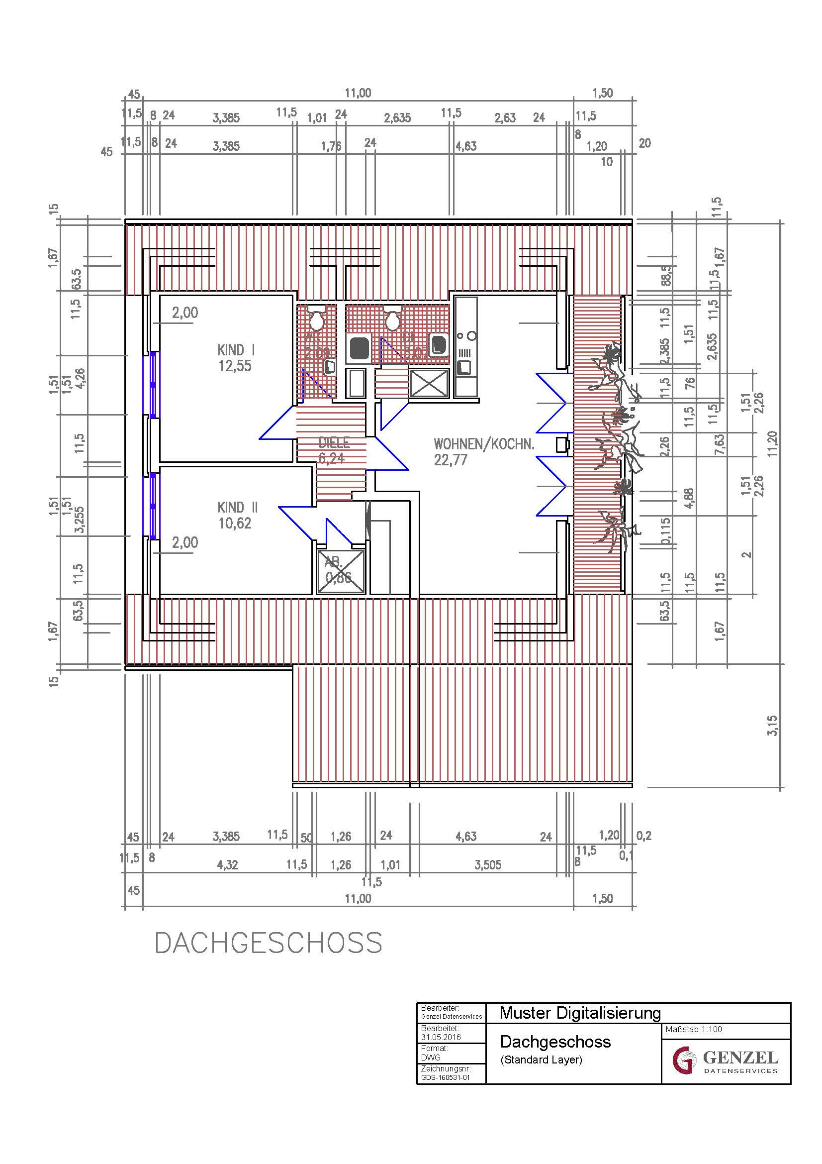 Layer Haus
 CAD Vektorisieren einer DIN A2 Bestandszeichnung eines EFH