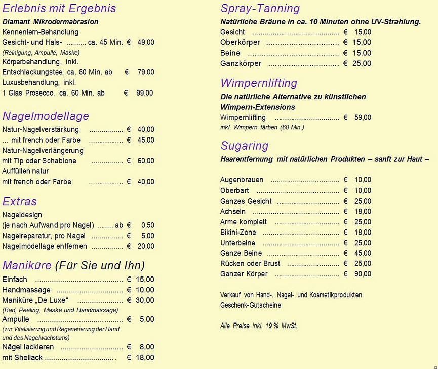 Maniküre Preisliste
 Preisliste