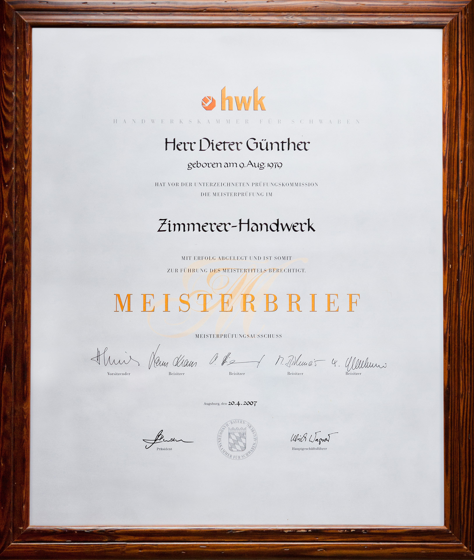 Meistertitel Handwerk
 Meisterbrief Zimmerer Handwerk ZMG Dieter Günther