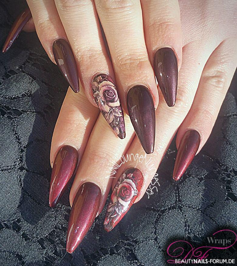 Nageldesign Farbe
 Rosennagelkunst Fullcover Rot Braun mit Wraps Nageldesign