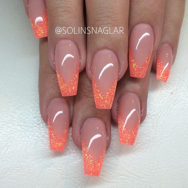 Nageldesign Orange Glitter
 Orange glitter French coffin nails Coffin Nails