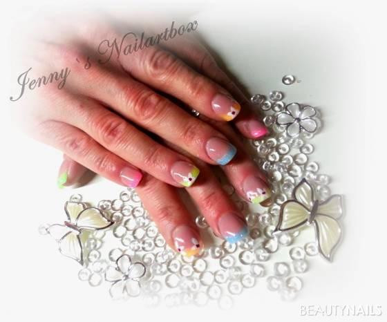 Nageldesign Pastell Glitzer
 "Neon Pastell Glitter mit Blümchen Malerei" Gelnägel