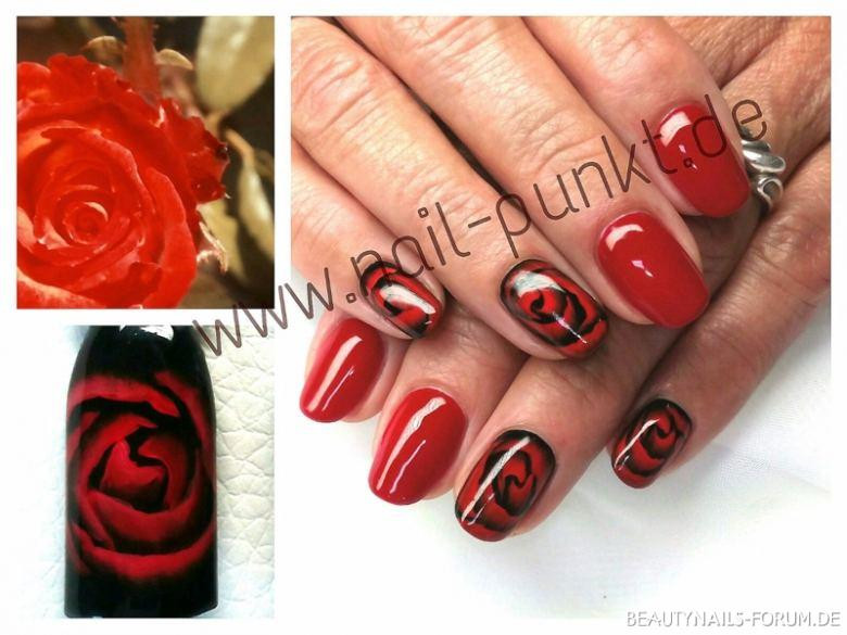 Nageldesign Rose
 Fullcover rot schwarz und Rosen Nageldesign