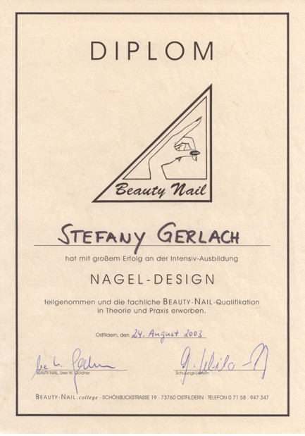 Nageldesign Zertifikat
 beautypartner Stefany Gerlach