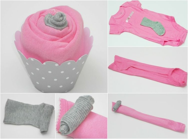 Originelle Geschenke Zur Babyparty
 Cupcake aus Babykleider in Pink und Hellgrau Anleitung