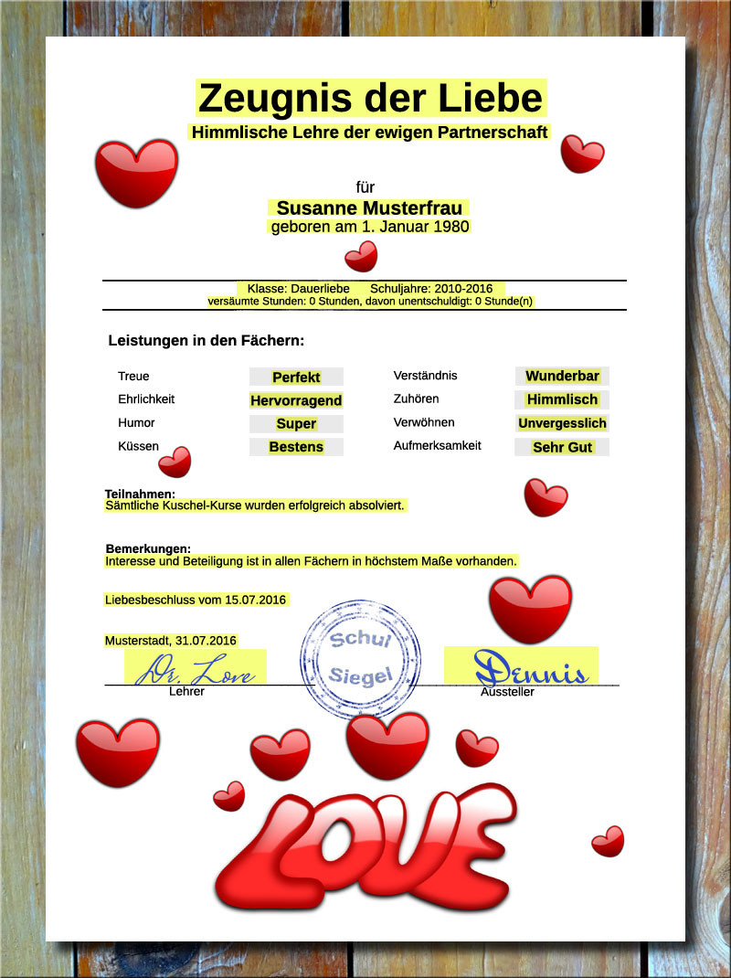 Partner Geschenke Zum Jahrestag
 Multivorlage Liebeszeugnis Liebe als Liebesbeweis