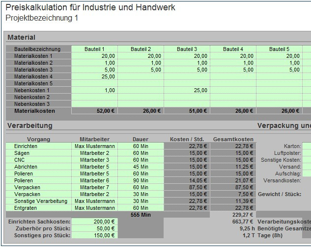 Preiskalkulation Handwerk
 Excel Vorlage Preiskalkulation für Industrie und Handwerk