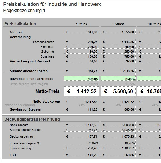 Preiskalkulation Handwerk
 Excel Vorlage Preiskalkulation für Industrie und Handwerk