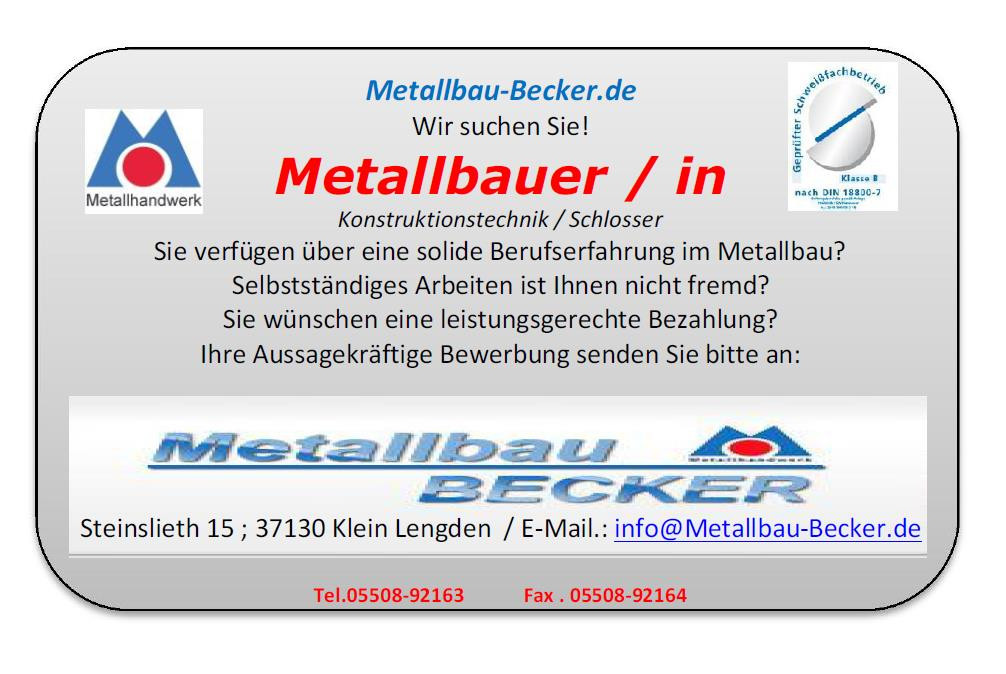 Stellenangebote Ausbilder Handwerk
 Lars Becker Metallbau Gleichen Klein Lengden