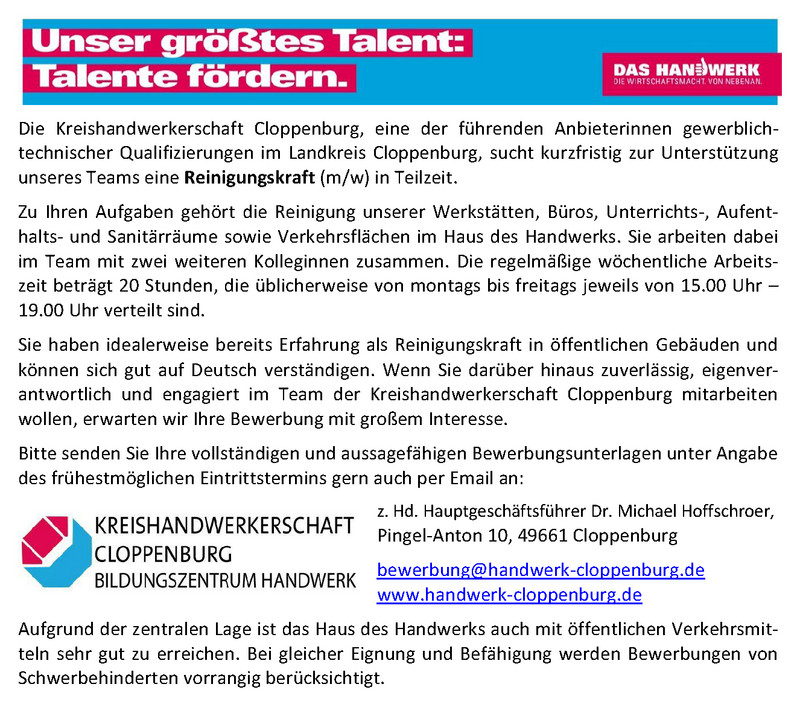Stellenangebote Handwerk
 Stellenangebote Kreishandwerkerschaft Cloppenburg