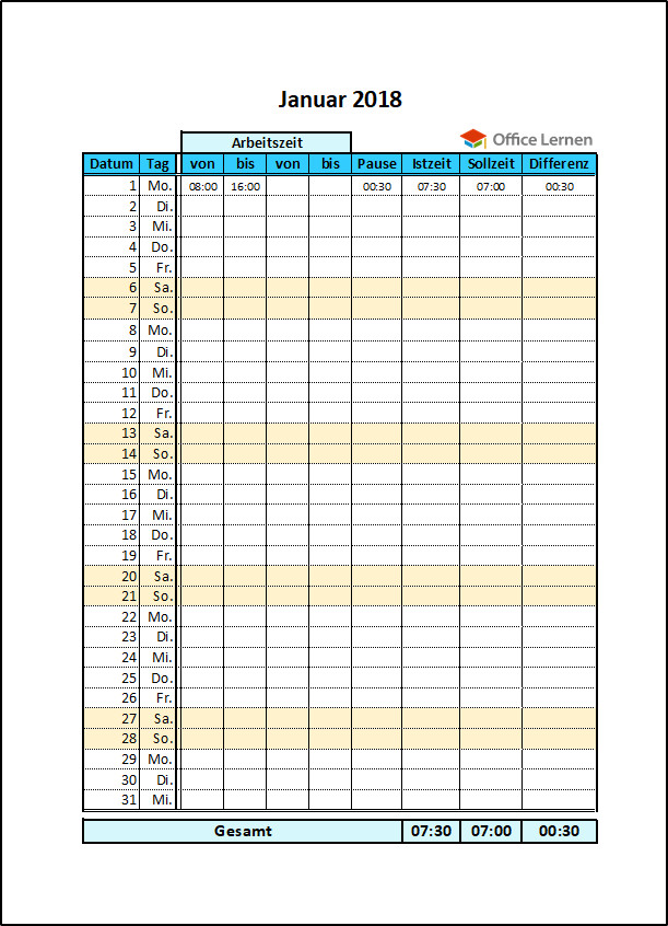 Stundenzettel Handwerk
 Excel Arbeitszeitnachweis Vorlagen 2018