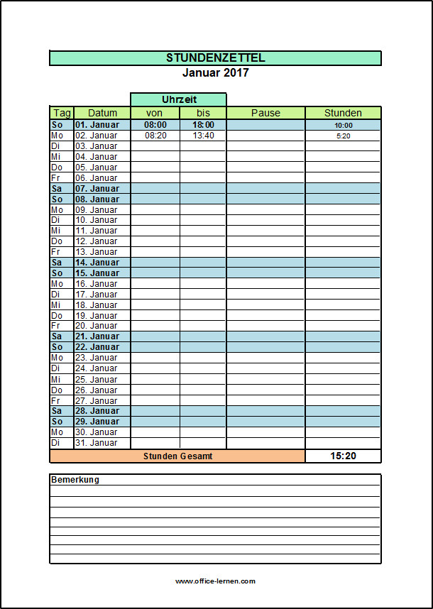 Stundenzettel Handwerk
 Excel Arbeitszeitnachweis Vorlagen 2017