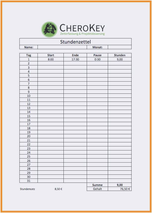 Stundenzettel Handwerk
 Vorlage Stundenzettel