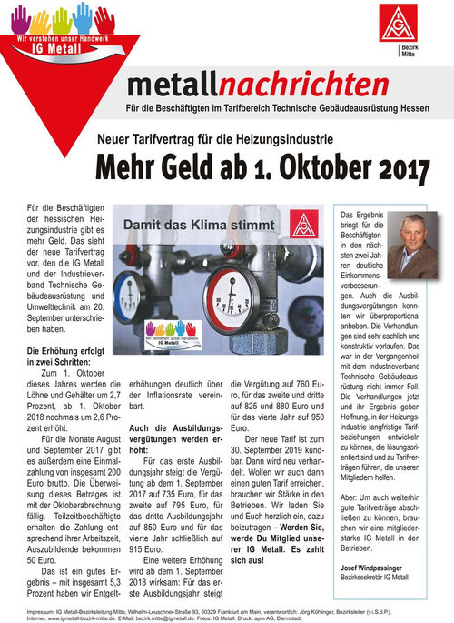 Tarif Handwerk
 Mehr Geld ab 1 Oktober 2017 IG Metall Bezirk Mitte