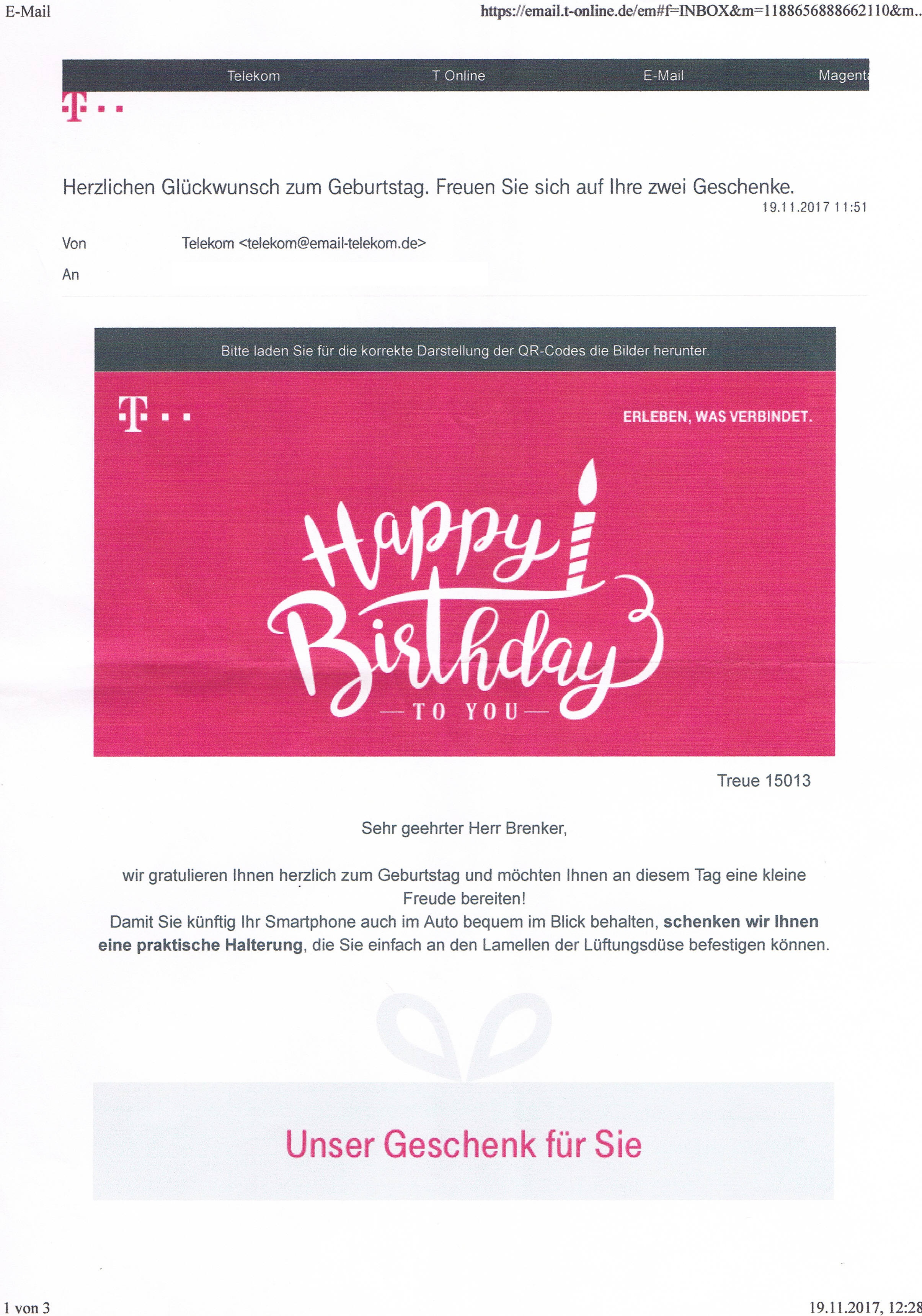 Telekom Geburtstagsgeschenk 2018
 Gelöst AW Geburtstagsgeschenk Persönlicher Geschenk code