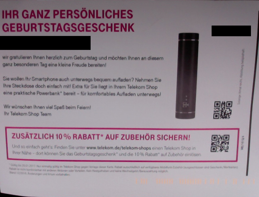 Telekom Powerbank Geburtstagsgeschenk
 Gelöst ich habe von ihnen ein geburtstagsgeschenk erhalte