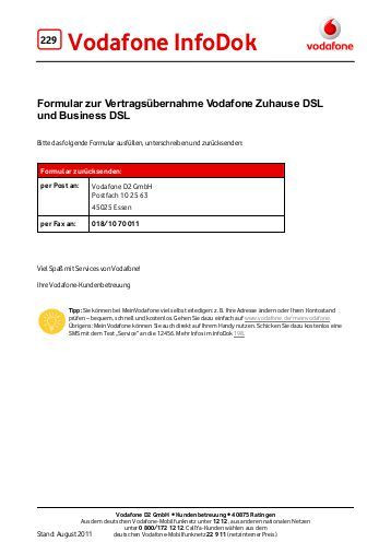 Vodafone Zuhause
 Infodok 299 Auftrag zur Übernahme eines Vodafone D2 Vertrags