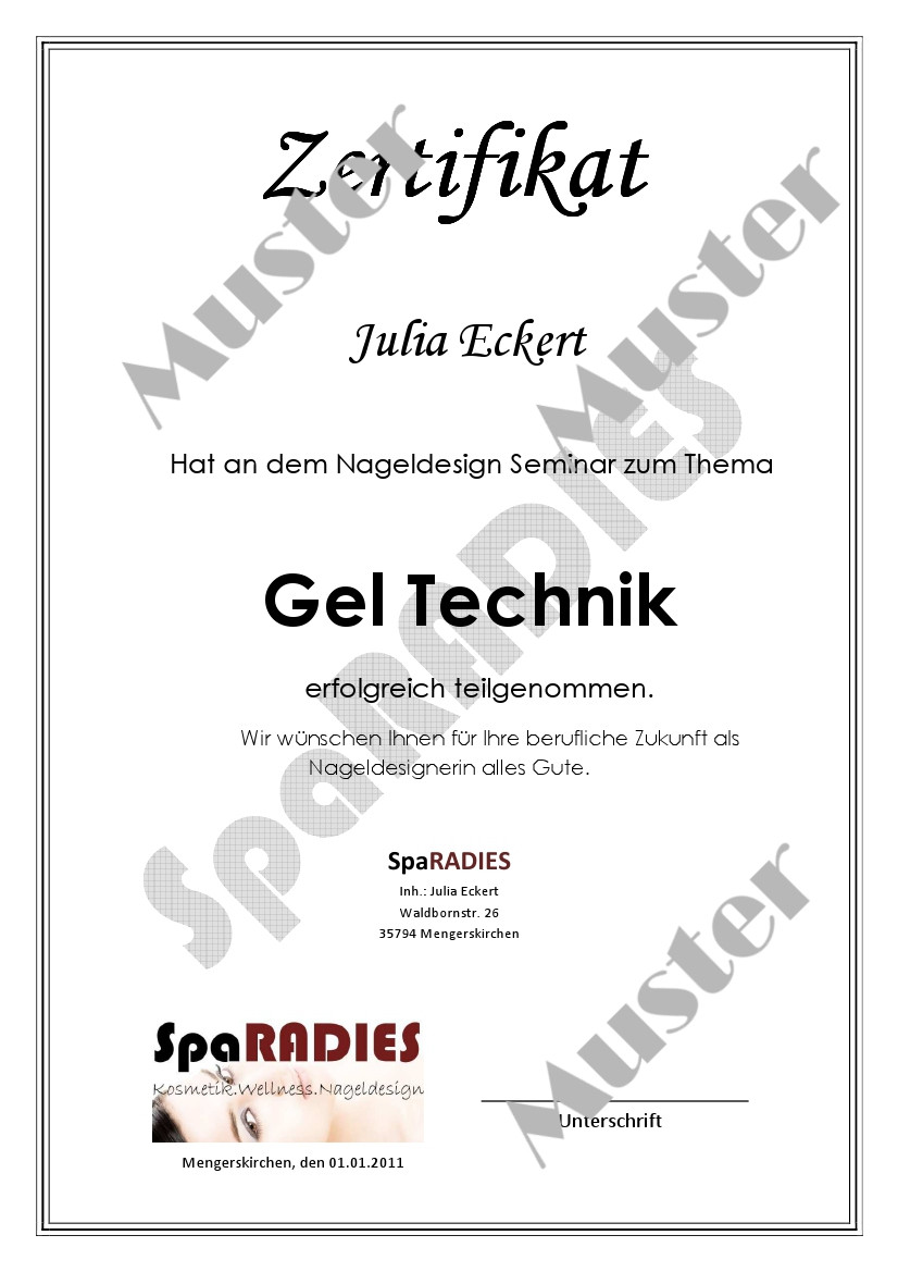 Zertifikat Nageldesign
 Kosmetik Großhandel24 Nageldesign Selbststudium Schulung