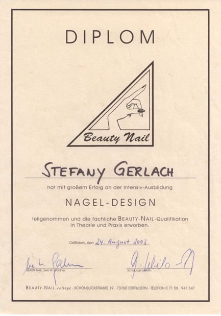 Zertifikat Nageldesign
 beautypartner Stefany Gerlach