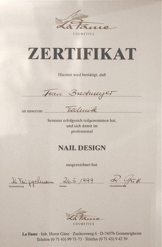 Zertifikat Nageldesign
 Nageldesin Zertifikate