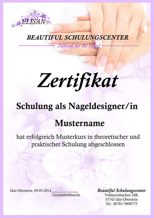 Zertifikat Nageldesign
 Beautiful Nails Schulungszentrum Startseite