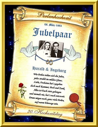 30 Hochzeitstag Geschenke
 Geschenk Perlenhochzeit 30 Hochzeitstag Urkunde