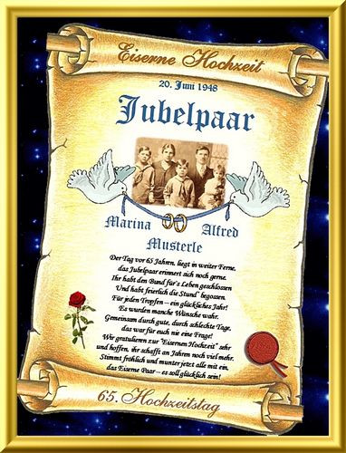 65 Jahre Hochzeit
 Eiserne Hochzeit 65 Hochzeitstag Urkunde personalisiertes