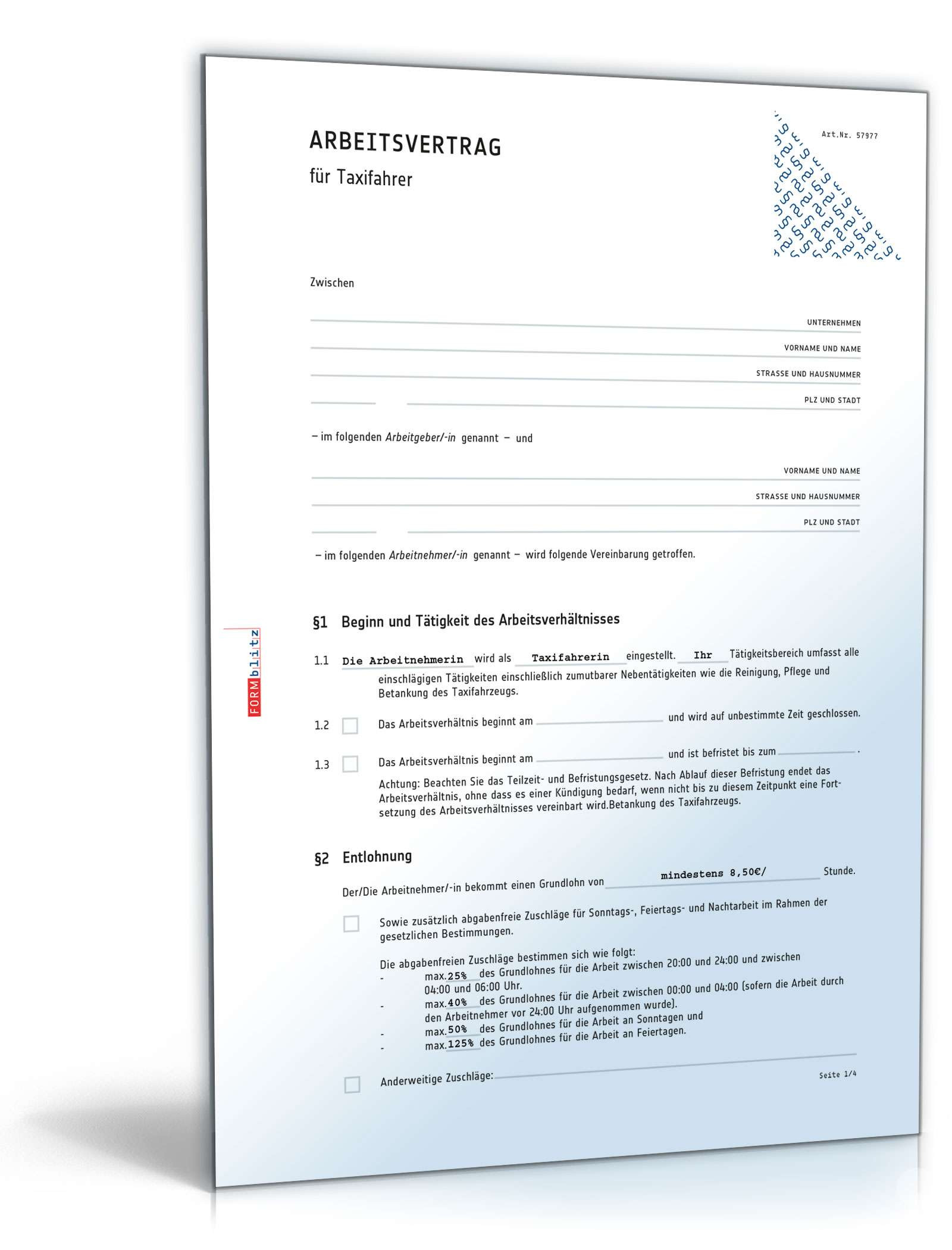 Arbeitsvertrag Handwerk
 Arbeitsvertrag für Taxifahrer Muster als PDF und Word