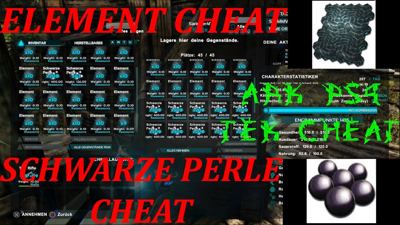 Ark Frisuren Freischalten Cheat
 ARK PS4 CHEAT ELEMENT CHEAT SCHWARZE PERLE TEK