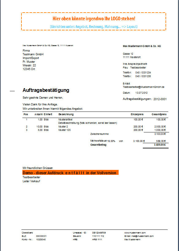 Auftragsbestätigung Handwerk
 Auftrag world of rechnungsprofi