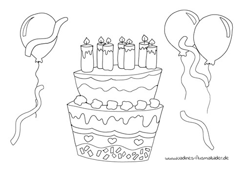 Ausmalbilder Geburtstagstorte
 leckere Geburtstagstorte mit Luftballons und Luftschlangen